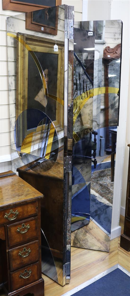 A pair of Art Deco style mirrored glass three fold dressing screens W.153cm